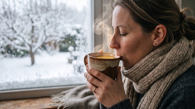Woman drinking warm tea beside a snowy window while recovering from illness. Cozy home healthcare scene symbolizing relief, rest, and seasonal wellness.