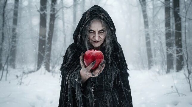 Witch holding a glowing red apple in a dark snowy forest, fairy tale fantasy illustration scene