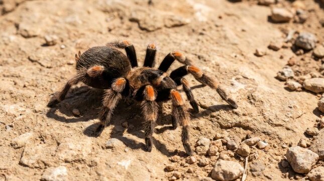 Large tarantula spider walking on dry sandy soil.