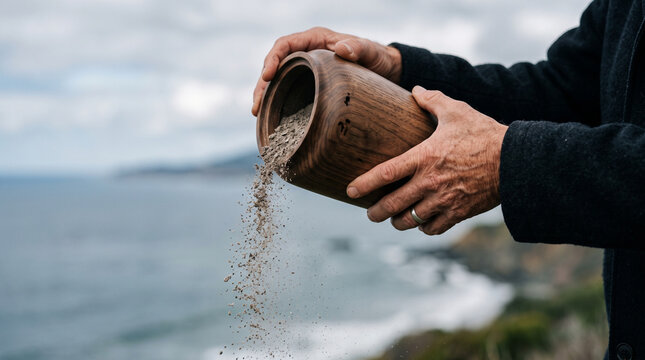 Scattering ashes during memorial service, small urn being used at sea, with hands releasing remains into ocean. Scattering ashes into calm water is a ritual, a way to say a last goodbye to loved one