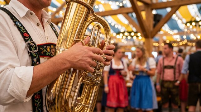 Male musician playing brass instrument at Oktoberfest beer hall. Traditional Bavarian festival with people wearing folk costume, live music and celebration.