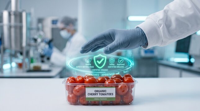 Food scientist inspecting certified organic cherry tomatoes with digital safety approval interface in laboratory. Quality control and food safety technology concept.
