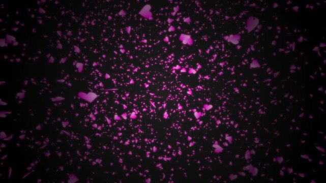 Pink heart shapes falling down or flying away on black gradient background. Abstract background for Happy Valentine's day and wedding ceremony.
