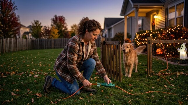 Woman connecting outdoor extension cord for Halloween decorations with golden retriever dog nearby