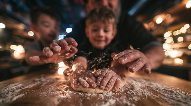 Father and Sons Kneading Dough While Baking Together at Home