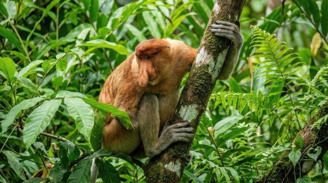 Proboscis monkey climbing tropical tree trunk.