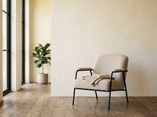Fototapeta premium Empty White Yellow Wall Modern Minimalist Interior Armchair 