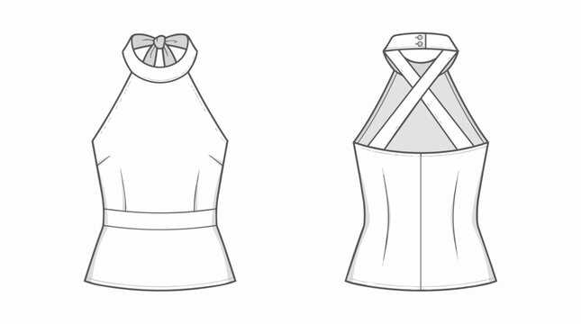 Women's Halter Neck Top Fashion Technical Drawing with Front and Back View for Apparel Design Sketch Template