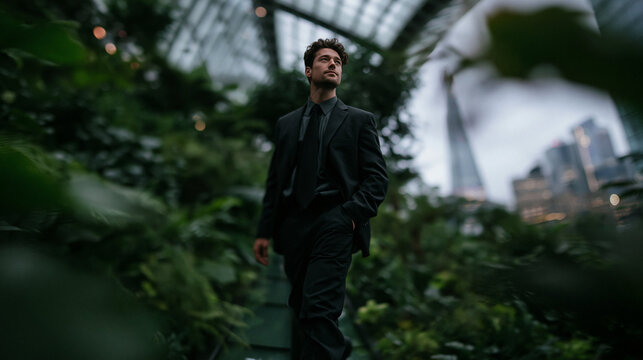 Businessman Walking in Indoor Botanical Garden with City Skyline