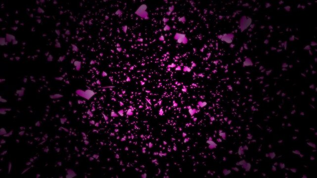 Pink heart shapes falling down or flying away on black background. Abstract background for Happy Valentine's day and wedding ceremony.