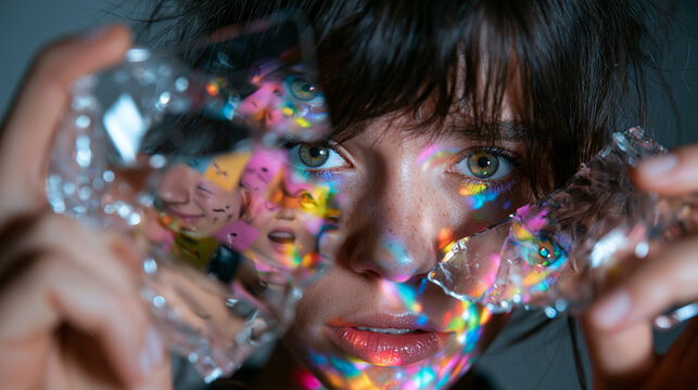 Young Woman Looking Through Broken Glass with Prismatic Light