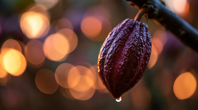 Fresh Cocoa Pod Hanging on Tree Branch with Bokeh Background
