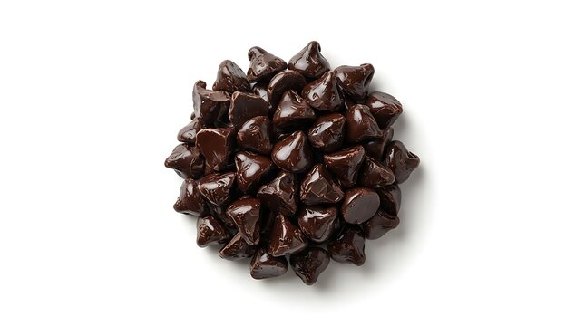 Dark chocolate chips pile on white background for baking use.