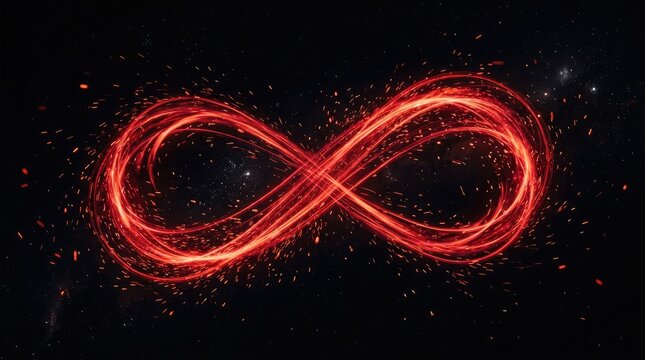 Vibrant red infinity symbol against a dark abstract digital background