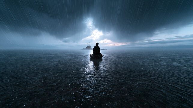 Person Rowing Boat on Stormy Ocean During Heavy Rain