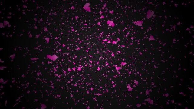 Pink heart shapes falling down or flying away on black gradient background. Abstract background for Happy Valentine's day and wedding ceremony.