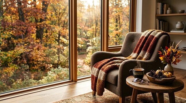 Cozy fall living room with armchair and autumn view