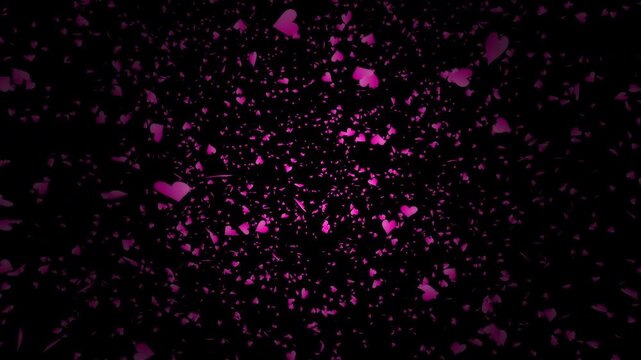 Pink heart shapes falling down or flying away on black background. Abstract background for Happy Valentine's day and wedding ceremony.