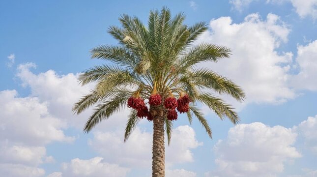 Single date palm tree with red fruit clusters.