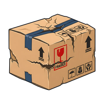 Damaged cardboard box with cracks and fragile symbol