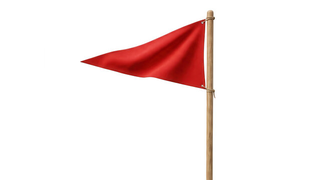 A single bright red triangular flag made of fabric attached to a simple wooden pole standing upright for sports events isolated on transparent background
