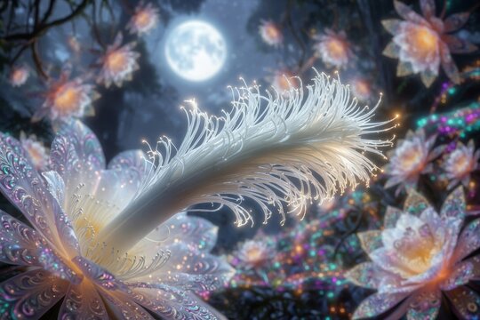 Fiori notturni luminescenti e magici sotto la luce della luna piena in una foresta incantata