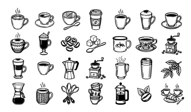 Coffee and Tea Icon Set with Cup, Mug, Grinder, Beans, French Press, and Chemex Symbols for Cafe Designs