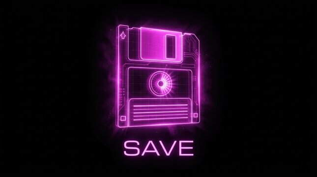 Neon Pink Floppy Disk Save Icon with Glowing Effect on Black Background - Retro Futuristic