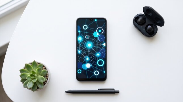 Modern smartphone displaying abstract network connection nodes on screen, placed on white desk with succulent plant and earphones, representing mobile technology, social media