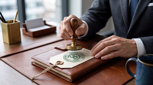Businessman hand stamping quality control seal on document tag, representing certification, approval and guarantee of standards in corporate office setting with professional