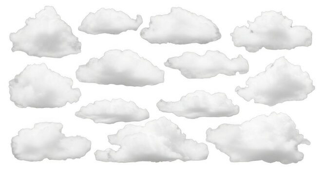 Fluffy cotton clouds arranged in a scattered pattern during soft daylight isolated on transparent background