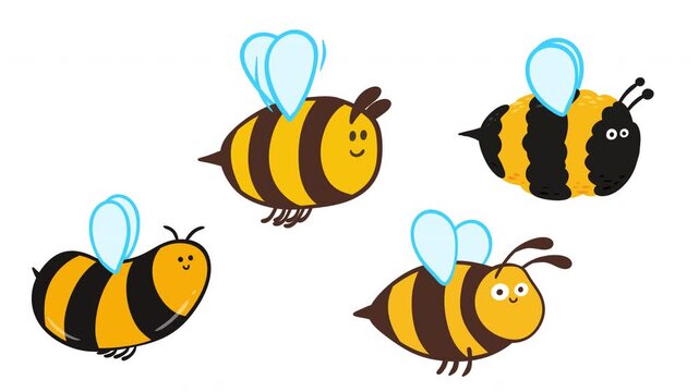 2D cartoon animated bees and bumblebees flying isolated on white background. Set of cute bumble bee characters loop for honey, nature and organic concepts. Motion elements with alpha matte channel