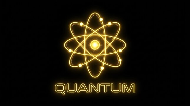 Quantum physics atom symbol with a glowing neon light effect on a black background.