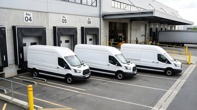 White delivery vans parked at a modern warehouse loading dock for logistics