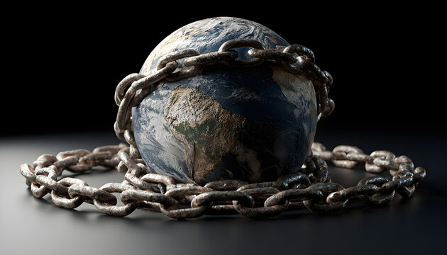 Planet Earth model sits inside heavy iron metal chains on dark background. Global sphere wrapped with industrial links climate crisis restriction environmental bondage. Conceptual image shows