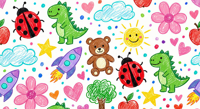 Kids Crayon Drawing with Cute Teddy Bear, Dinosaur and Rocket
