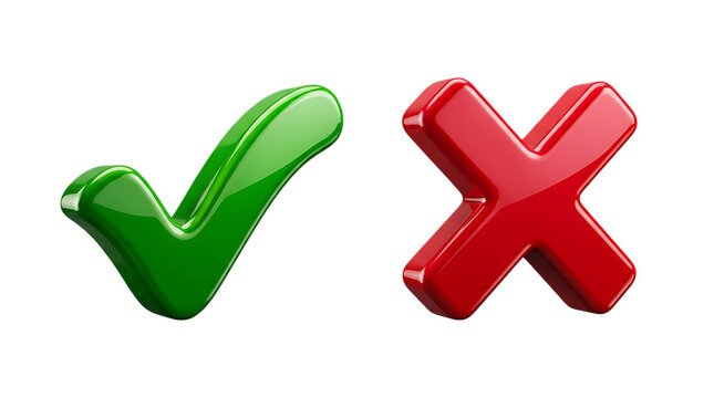 Glossy green checkmark and red x mark symbols isolated on transparent background