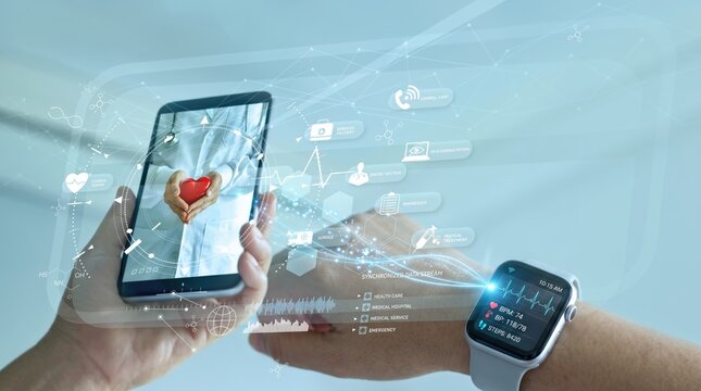 Doctor hands holding smartphone with heart icon connected to smartwatch health monitoring system, telemedicine, remote patient care, wearable tech, medical data synchronization