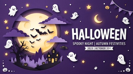 Fototapeta premium A festive purple background featuring a bright full moon and cute ghosts wishing everyone a very happy halloween