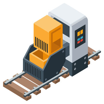 Isometric Industrial Factory Machine on Rails Vector Illustration