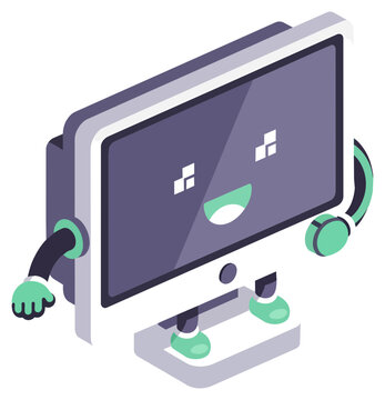 Friendly Isometric Desktop Monitor Character Wearing a Headset