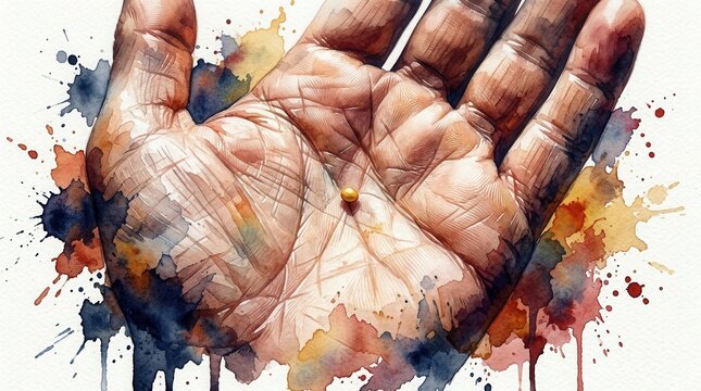 Close up watercolor illustration of the biblical parable of faith with a tiny mustard seed on the palm of a hand
