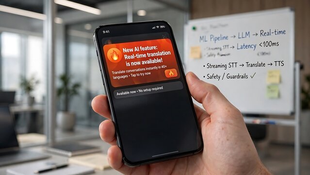 Hand holding smartphone with "New AI feature: Real-time translation" notification in a modern office setting.