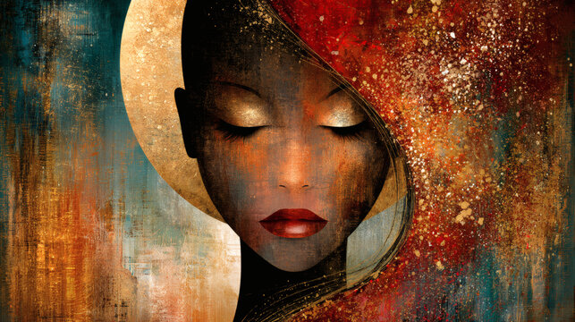 Abstract portrait of woman with closed eyes and golden halo on textured background
