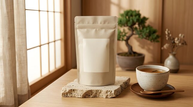 Minimalist tea packaging mockup on wooden table with natural morning light and greenery
