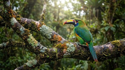 Naklejka premium Colorful toucanet perched on mossy rainforest branch.