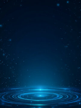Futuristic dark blue technology background featuring glowing circular podium, light effects, neon lines, and empty center space for product display or text presentation. 