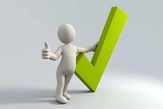 3d character giving a thumbs up next to a large green check mark