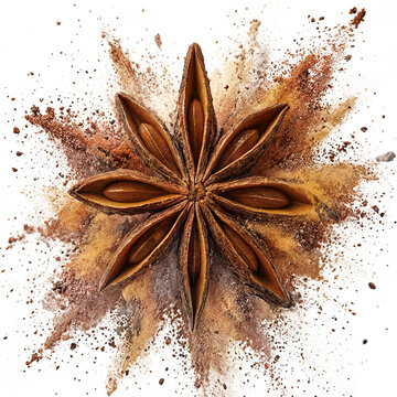 Exploding star anise Illicium verum pod with dramatic powder cloud cut out on a transparent background