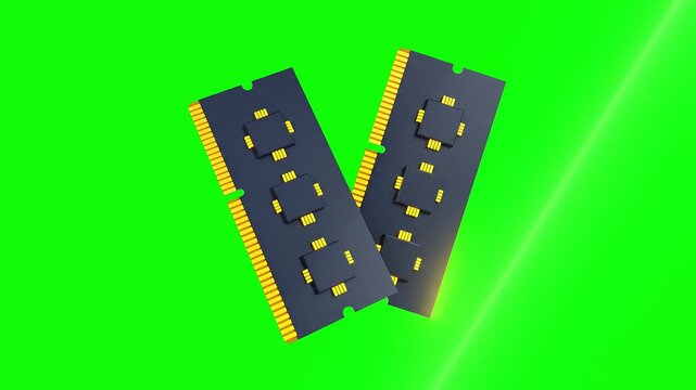 RAM memory modules glowing with golden light on green background, high-tech hardware concept animation